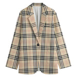 Beige Tartan Pattern Print Women's Cotton Blazer