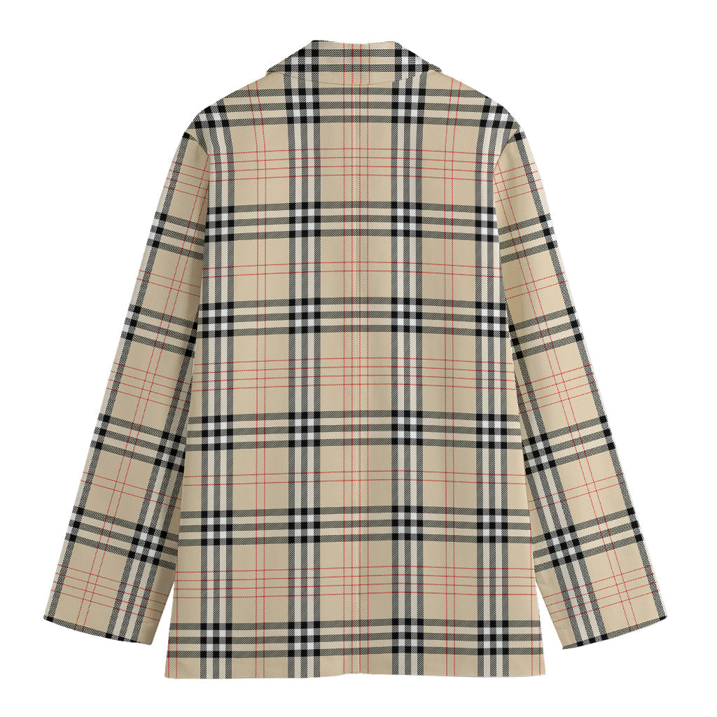 Beige Tartan Pattern Print Women's Cotton Blazer