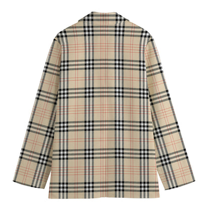 Beige Tartan Pattern Print Women's Cotton Blazer
