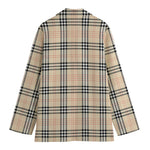 Beige Tartan Pattern Print Women's Cotton Blazer