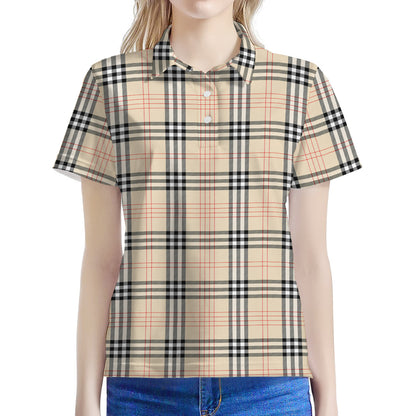 Beige Tartan Pattern Print Women's Polo Shirt