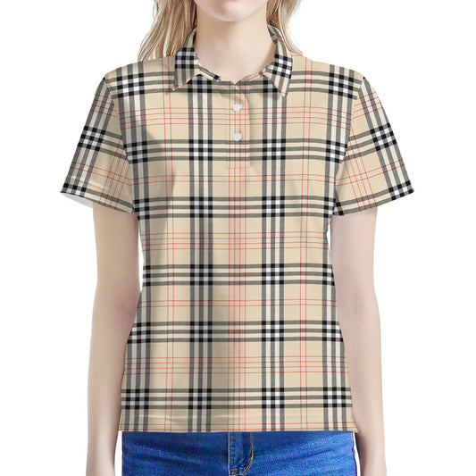Beige Tartan Pattern Print Women's Polo Shirt