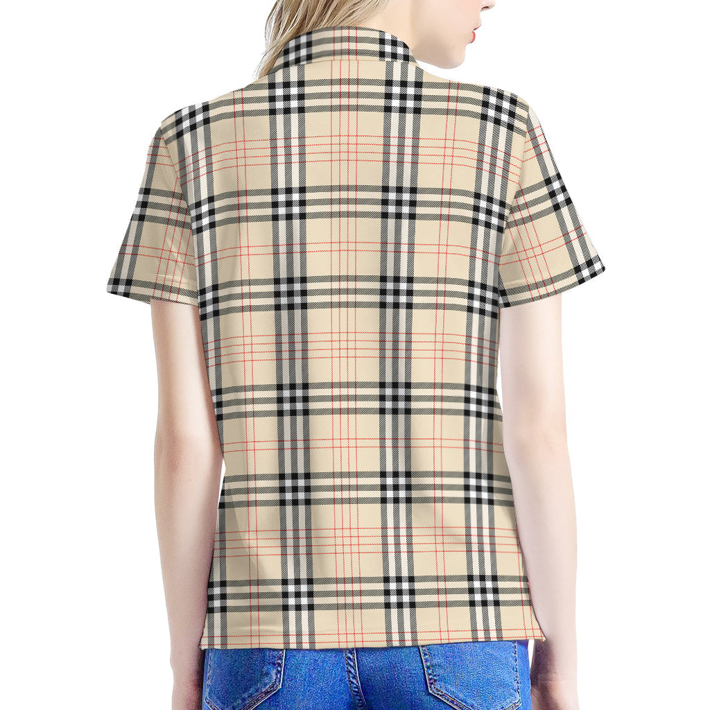 Beige Tartan Pattern Print Women's Polo Shirt