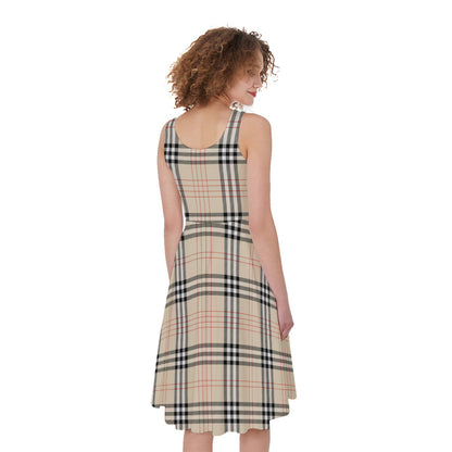 Beige Tartan Pattern Print Women's Sleeveless Dress