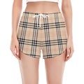 Beige Tartan Pattern Print Women's Split Running Shorts