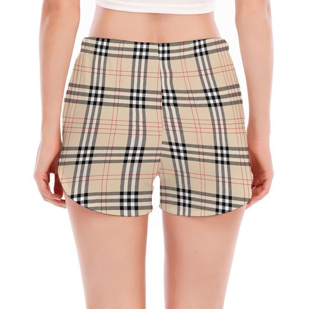 Beige Tartan Pattern Print Women's Split Running Shorts