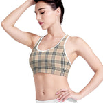 Beige Tartan Pattern Print Women's Sports Bra