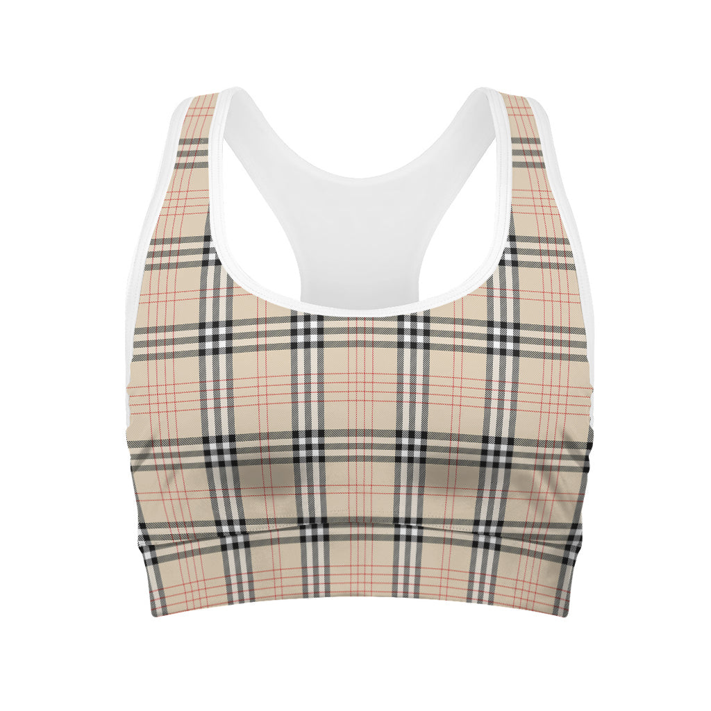 Beige Tartan Pattern Print Women's Sports Bra