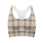 Beige Tartan Pattern Print Women's Sports Bra