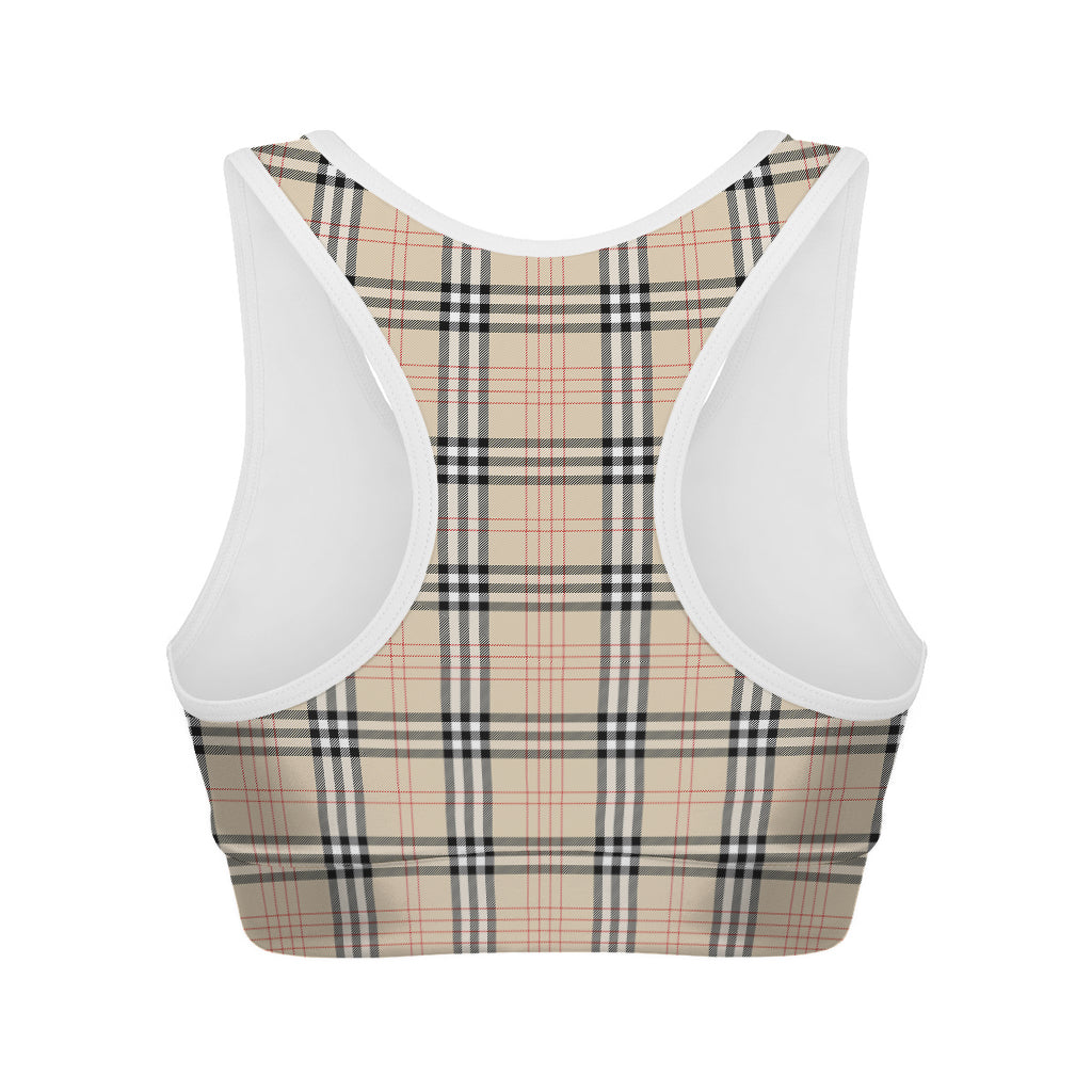 Beige Tartan Pattern Print Women's Sports Bra