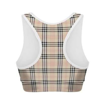 Beige Tartan Pattern Print Women's Sports Bra