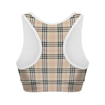 Beige Tartan Pattern Print Women's Sports Bra