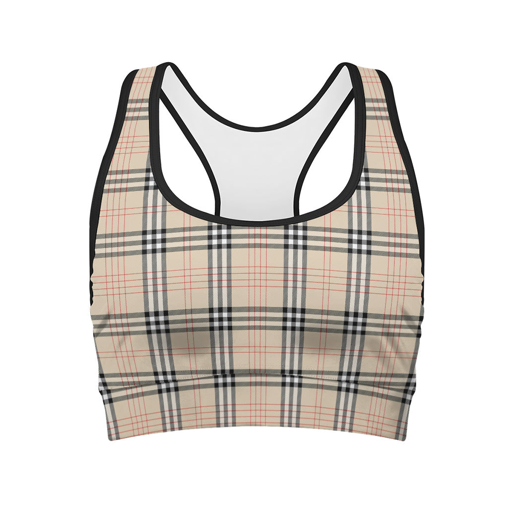 Beige Tartan Pattern Print Women's Sports Bra
