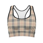 Beige Tartan Pattern Print Women's Sports Bra