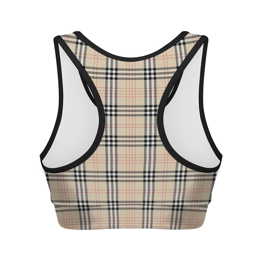 Beige Tartan Pattern Print Women's Sports Bra