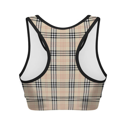 Beige Tartan Pattern Print Women's Sports Bra