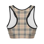 Beige Tartan Pattern Print Women's Sports Bra
