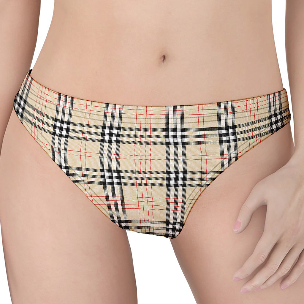 Beige Tartan Pattern Print Women's Thong