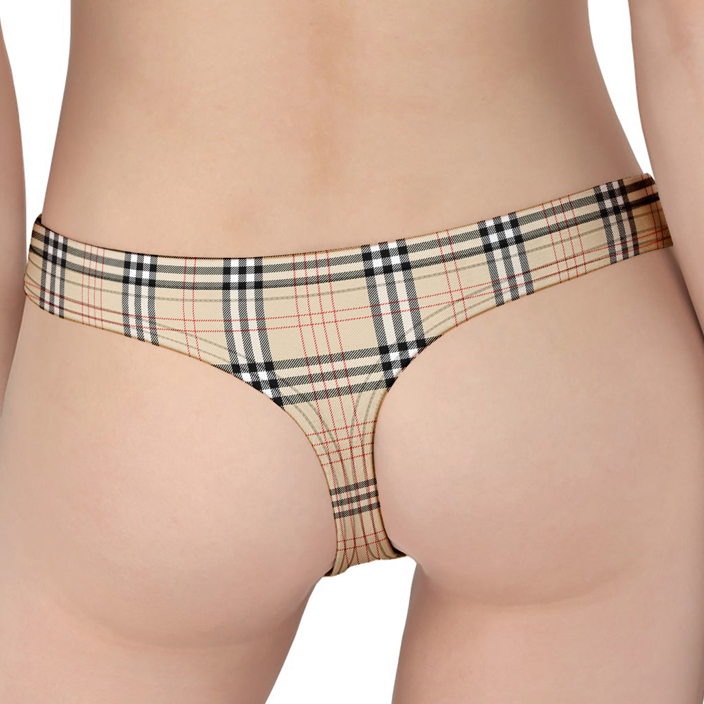 Beige Tartan Pattern Print Women's Thong