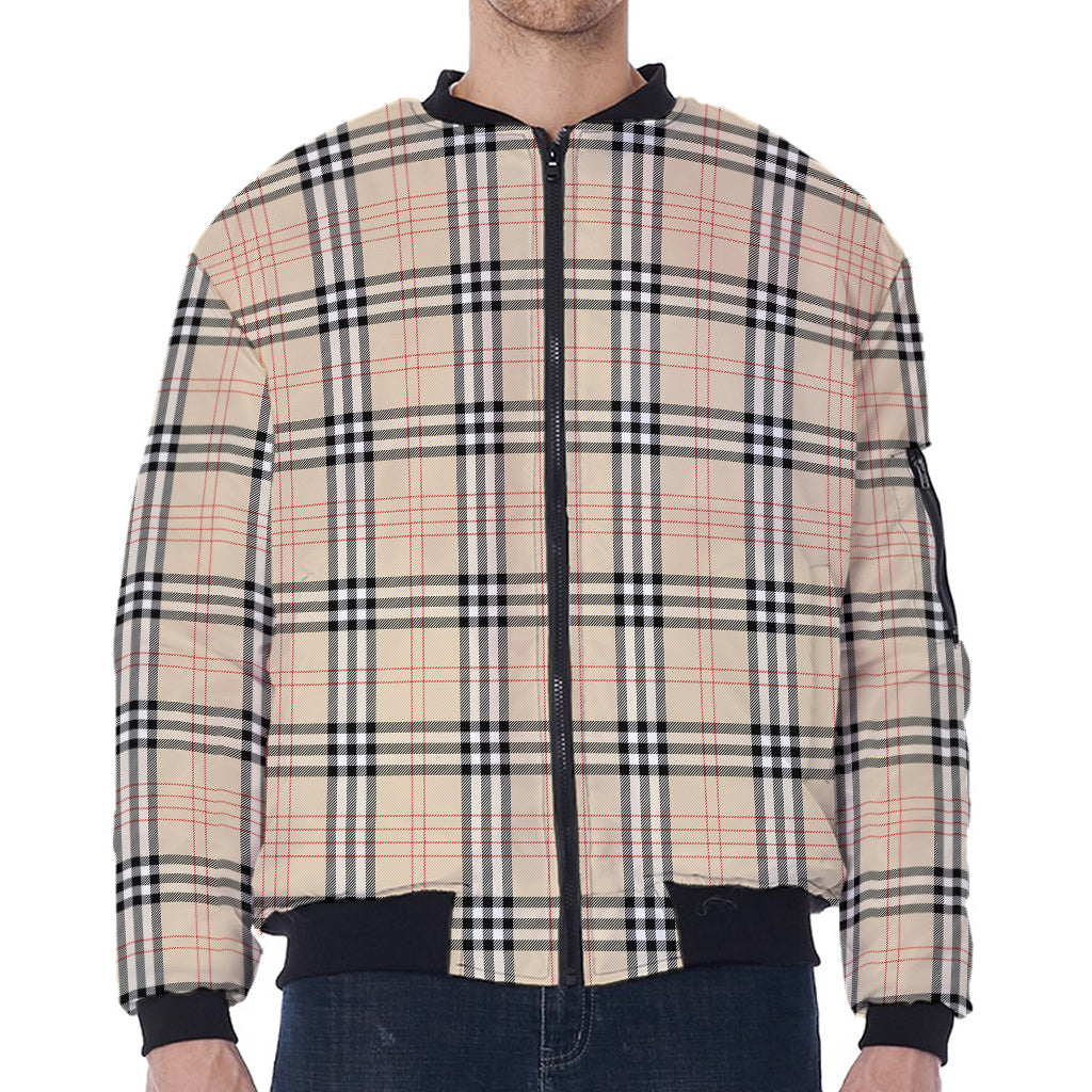 Beige Tartan Pattern Print Zip Sleeve Bomber Jacket