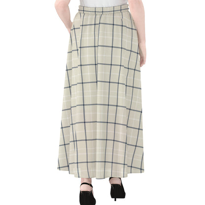Beige Tattersall Pattern Print Chiffon Maxi Skirt