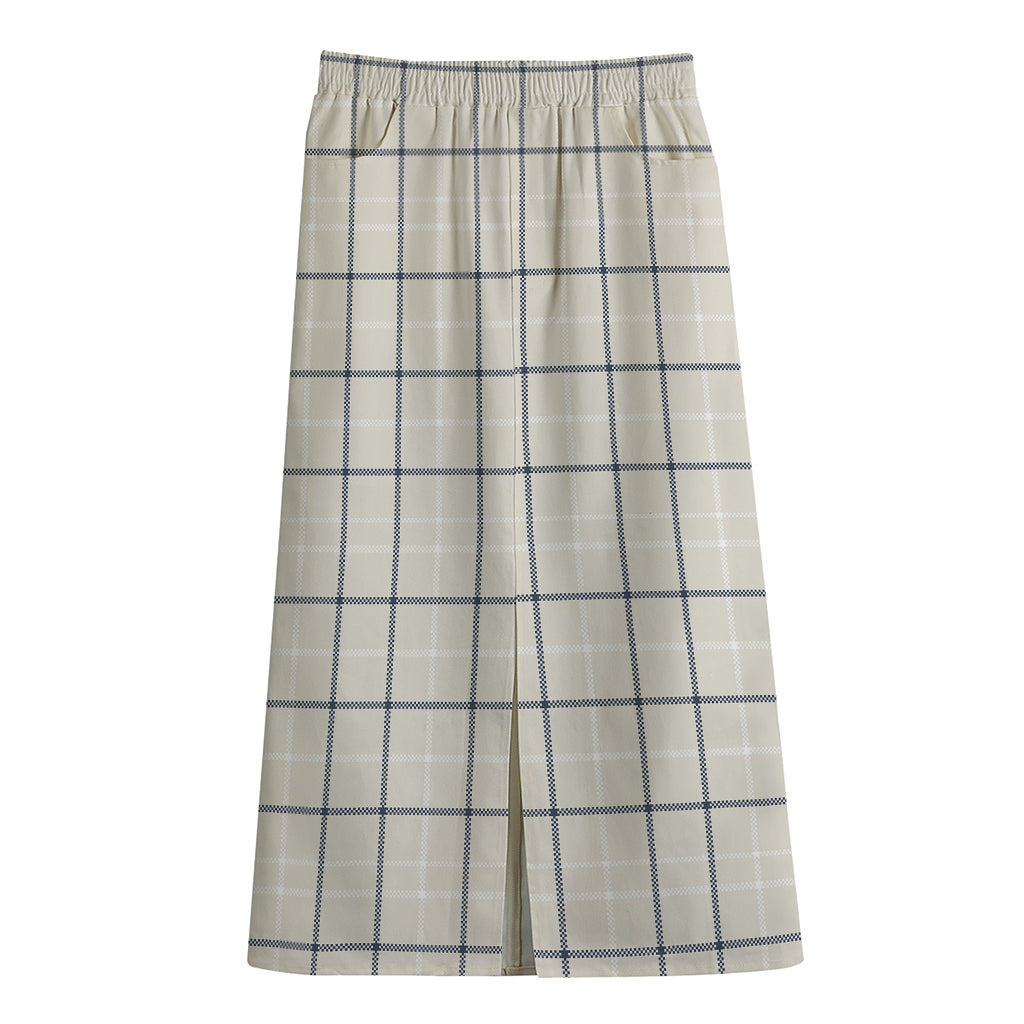 Beige Tattersall Pattern Print Cotton Front Slit Maxi Skirt