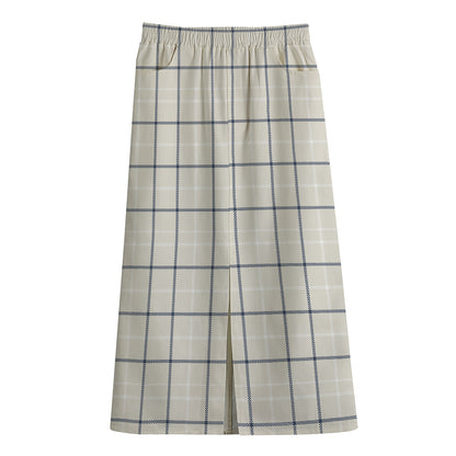 Beige Tattersall Pattern Print Cotton Front Slit Maxi Skirt
