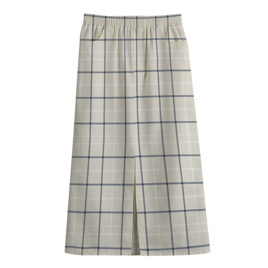 Beige Tattersall Pattern Print Cotton Front Slit Maxi Skirt