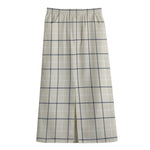 Beige Tattersall Pattern Print Cotton Front Slit Maxi Skirt