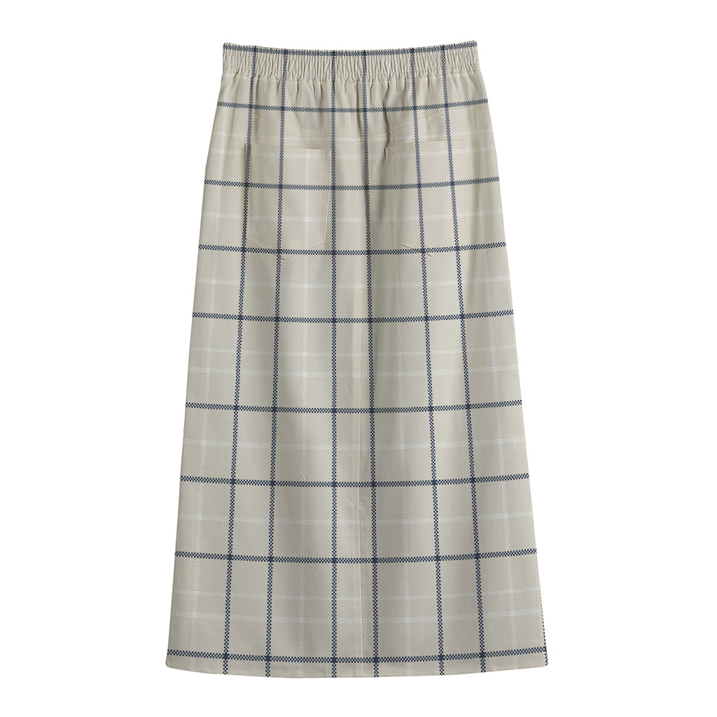 Beige Tattersall Pattern Print Cotton Front Slit Maxi Skirt