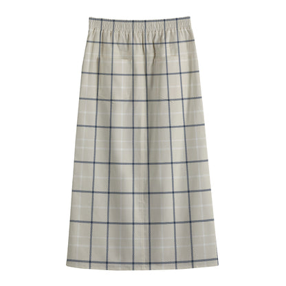 Beige Tattersall Pattern Print Cotton Front Slit Maxi Skirt