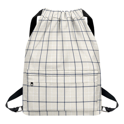 Beige Tattersall Pattern Print Drawstring Backpack