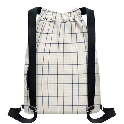 Beige Tattersall Pattern Print Drawstring Backpack