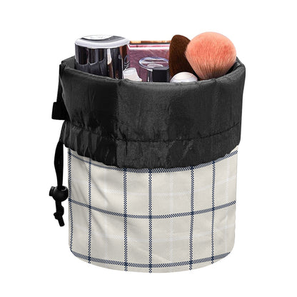 Beige Tattersall Pattern Print Drawstring Makeup Bag