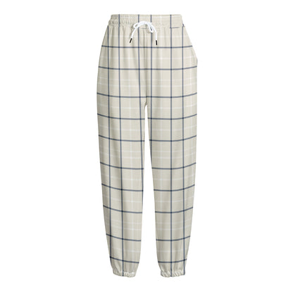 Beige Tattersall Pattern Print Fleece Lined Knit Pants