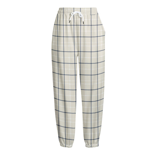 Beige Tattersall Pattern Print Fleece Lined Knit Pants