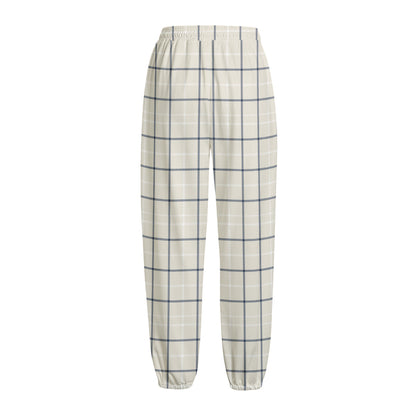 Beige Tattersall Pattern Print Fleece Lined Knit Pants