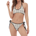 Beige Tattersall Pattern Print Halter Scoop Tie Side Bikini