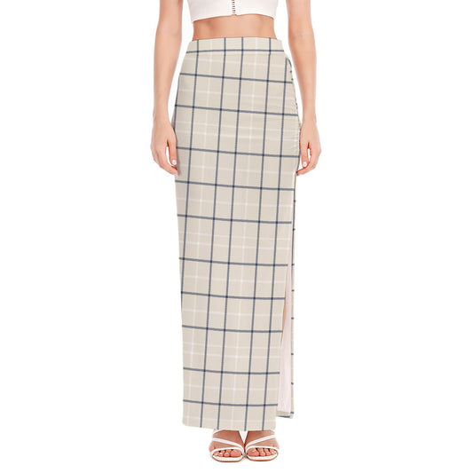 Beige Tattersall Pattern Print High Slit Maxi Skirt