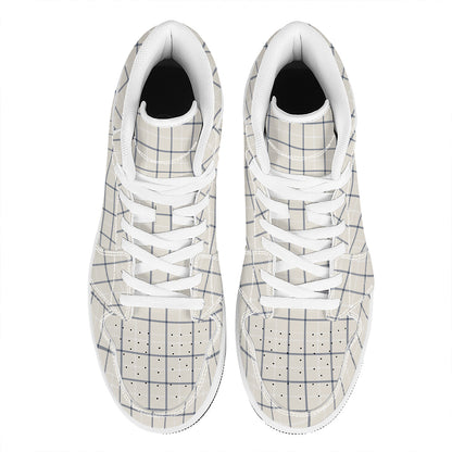 Beige Tattersall Pattern Print High Top Leather Sneakers