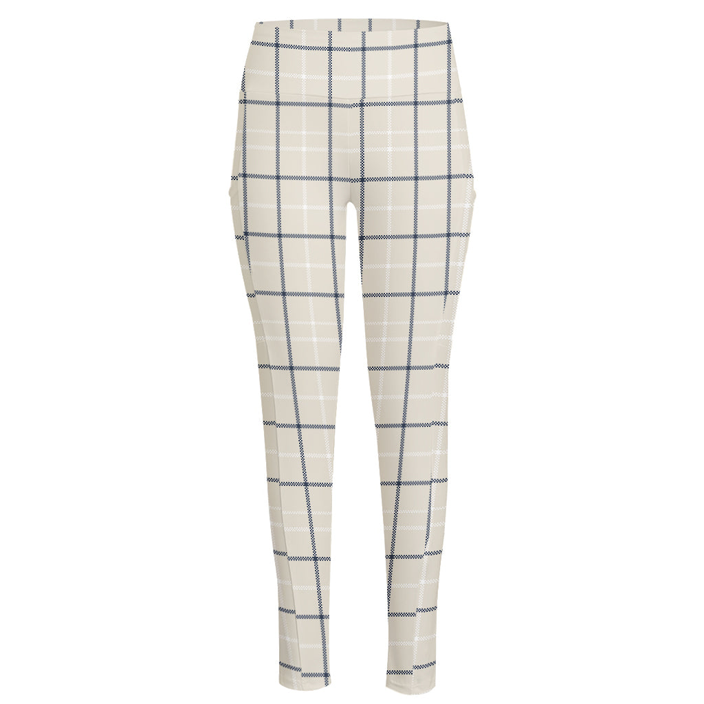 Beige Tattersall Pattern Print High-Waisted Pocket Leggings