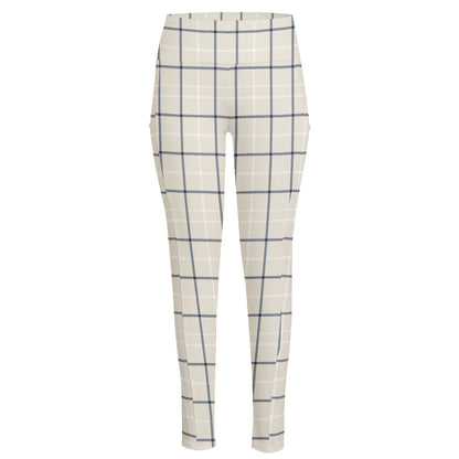 Beige Tattersall Pattern Print High-Waisted Pocket Leggings