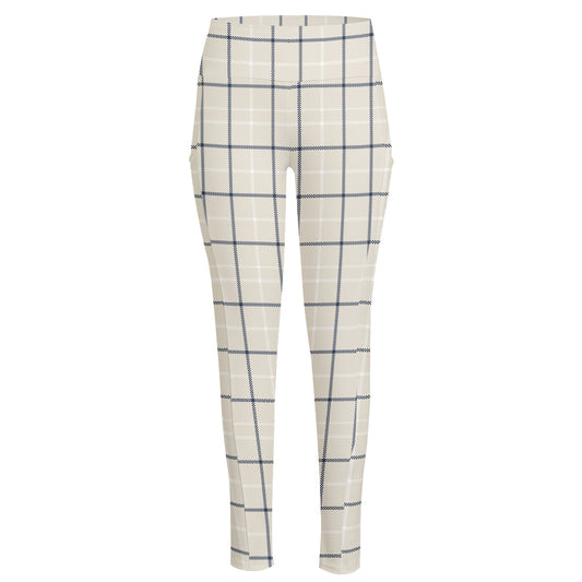Beige Tattersall Pattern Print High-Waisted Pocket Leggings