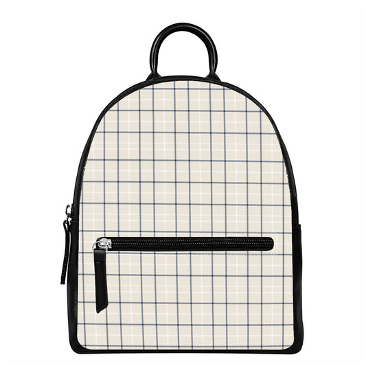 Beige Tattersall Pattern Print Leather Backpack
