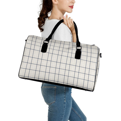 Beige Tattersall Pattern Print Leather Duffle Bag
