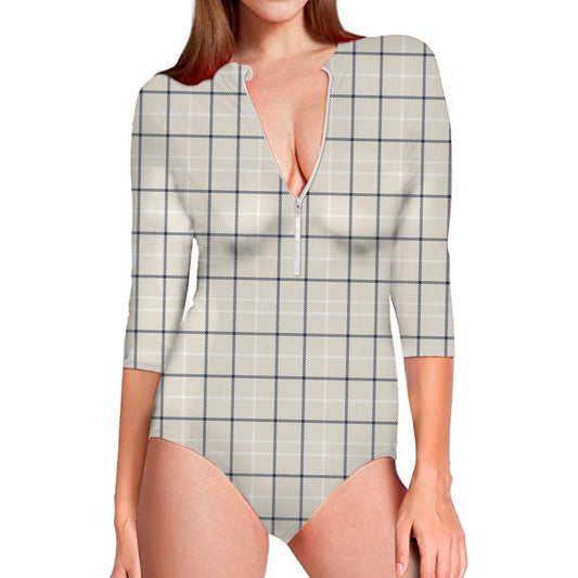 Beige Tattersall Pattern Print Long Sleeve Swimsuit