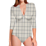 Beige Tattersall Pattern Print Long Sleeve Swimsuit