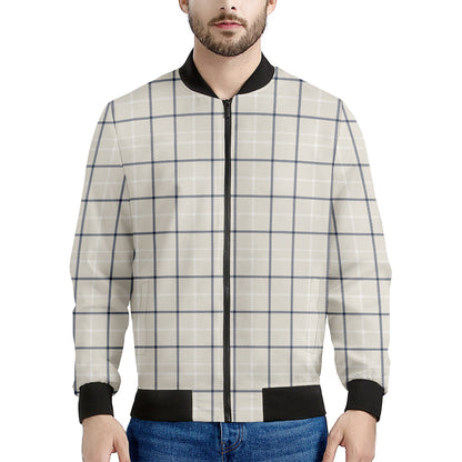 Beige Tattersall Pattern Print Men's Bomber Jacket