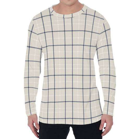 Beige Tattersall Pattern Print Men's Long Sleeve T-Shirt