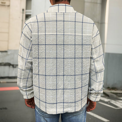 Beige Tattersall Pattern Print Men's Shirt Jacket